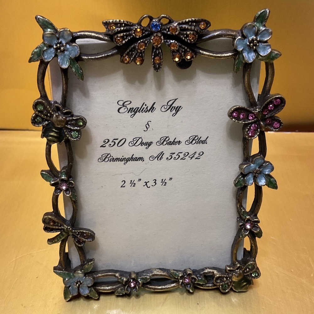 English Ivy Enameled Butterfly Bee Flower Rhinestone Mini Picture Frame 2.5x3.5